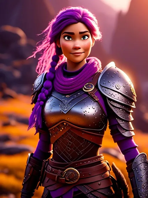 Prompt: <mymodel>CGI Animation, digital art, 20-year-old-old viking woman with light blue eyes, standing in a battle arena at the ready, purple hair with purple strands, single braid down her shoulder with a tiara, subtle smile, unreal engine 8k octane, 3d lighting, close up camera shot on the face, full armor