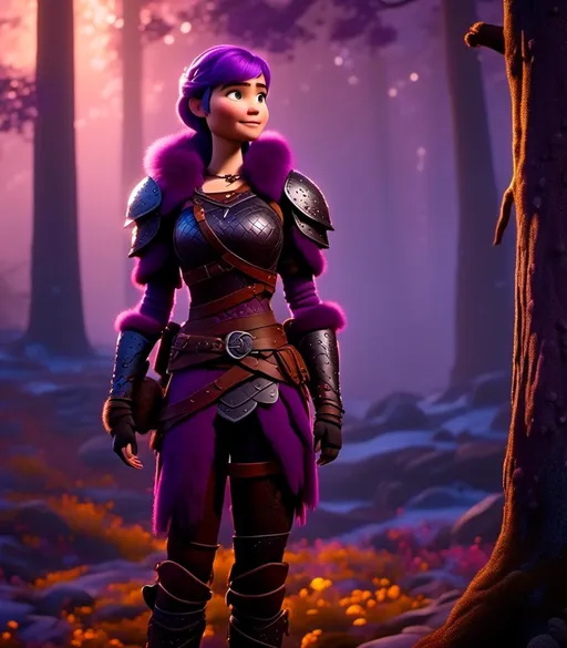 Prompt: <mymodel>CGI Animation, digital art, 20-year-old-old viking woman of royalty standing at night next to a tree with her hands resting on the bark, she is in a dimly lit thick forest with trees everywhere, dense fog, light blue eyes, {{black gear, purple armor}}, purple hair, single braid down her shoulder with a tiara, subtle smile, unreal engine 8k octane, 3d lighting, close up camera shot on the face, full armor