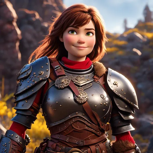 Prompt: <mymodel>CGI Animation of a viking female, brown hair in her face, hazel eyes, bright red gear and armor, she has heavy gauntlets on her hands with armored gloves, yellow highlights and textures, standing in a viking village, intricate details, high quality, digital painting, cool tones, dramatic lighting
