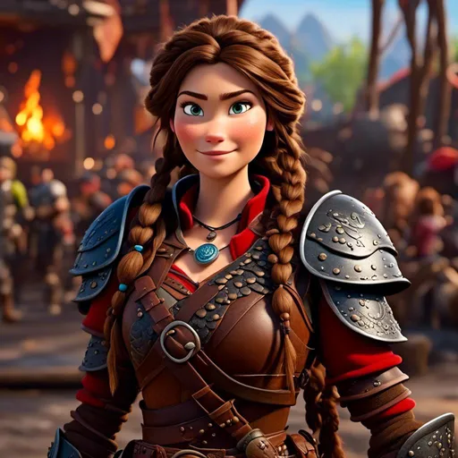 Prompt: <mymodel>CGI Animation, 20-year-old-old pirate woman, head is in rhe shape of an oval, {{brown gear, silver armor}}, brunette hair, dreadlocks, subtle smile, beads hair, small red earrings, multiple braids, straight hair, blue eyes, bracelets, rings on fingers, mercenary gear, unreal engine 8k octane, 3d lighting, full body, full armor