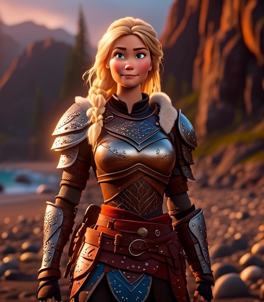 Prompt: <mymodel>CGI Animation, digital art, 20-year-old-old viking woman with light blue eyes standing around several hot springs on a beach, sunset lighting, blue clothes, blue colored armor, blonde straight hair, subtle smile, unreal engine 8k octane, 3d lighting, cinematic lighting, camera shot of full armor from head to toe