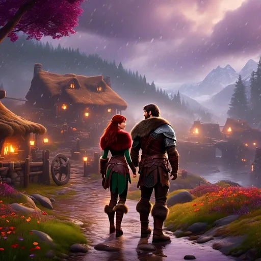 Prompt: <mymodel>{{{{Annabeth has gold armor and black gear}}}}, Photo of  standing in a viking village during heavy rain fall with his wife Annabeth, Annabeth is slightly shorter and has purple hair with a single hair braid down her shoulder, they are both in their early 30s, they are both wearing fur capes and fur hoods to keep warm