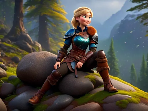 Prompt: <mymodel>CGi Animation, 20-year-old viking woman with blue eyes, she is wearing a helmet, a rainy scene, she is sitting on a boulder in a forest, the viking woman has a subtle smile, blonde hair in a ponytail style, she has blue gear, gold armor, black pants, black boots