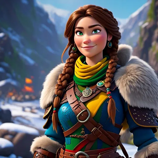 Prompt: <mymodel>CGI Animation, 20-year-old-old pirate woman, a snowy scene, {{yellow gear, blue armor}}, brunette hair, dreadlocks, subtle smile, beads hair, small red earrings, multiple braids, yellow gear, straight hair, green eyes, bracelets, rings on fingers, mercenary gear, unreal engine 8k octane, 3d lighting, close up camera shot on the face, full armor