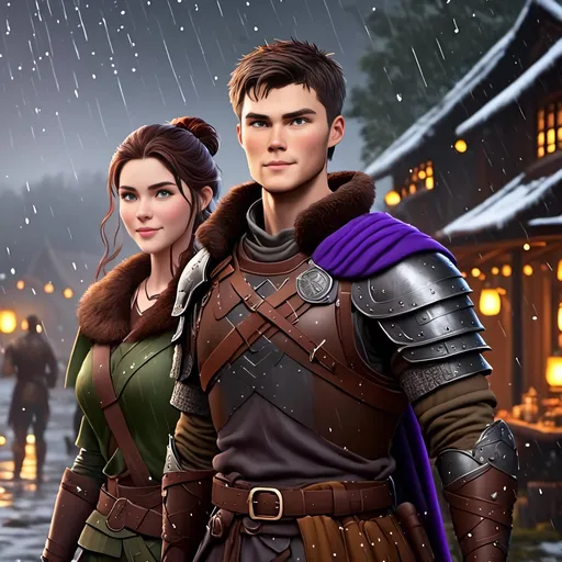 Prompt: <mymodel>{{{{Annabeth has gold armor and black gear}}}}, Photo of  standing in a viking village during heavy rain fall with his wife Annabeth, Annabeth is slightly shorter and has purple hair with a single hair braid down her shoulder, they are both in their early 30s, they are both wearing fur capes and fur hoods to keep warm