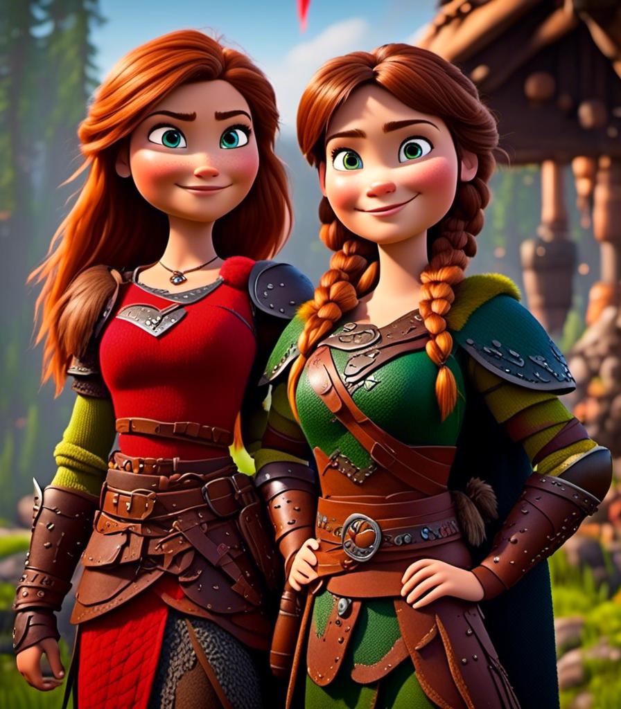 Prompt: <mymodel>CGI Animation, digital art, 20-year-old-old viking woman with light blue eyes standing with her older brother and younger sister, older brother has brown hair and green eyes, her younger sister has brunette hair and brown eyes, the viking woman has red clothes, blue colored armor, blonde straight hair, subtle smile, unreal engine 8k octane, 3d lighting, full armor