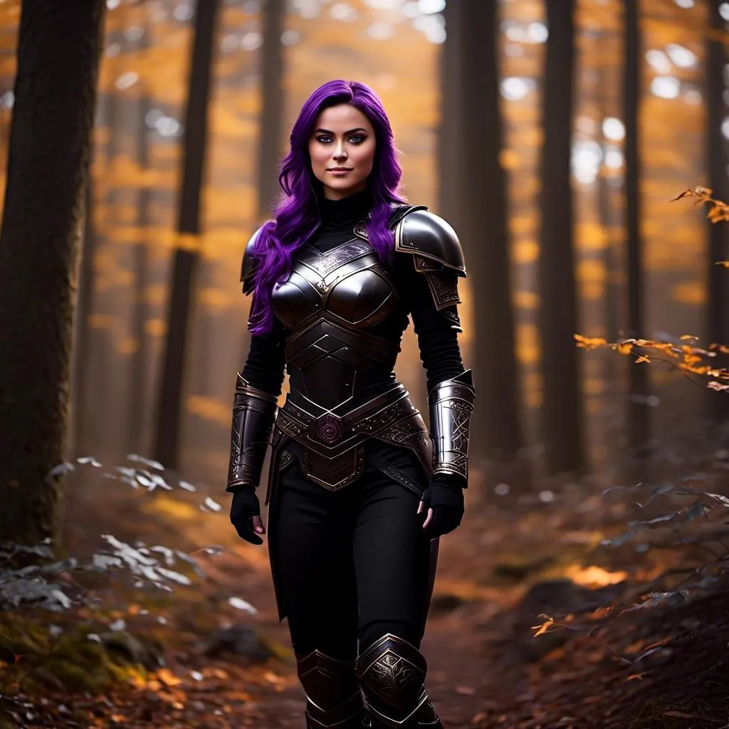 Prompt: <mymodel>25-year-old viking woman, subtle smile, light blue eyes, black gear, bright black armor, wearing an iron-man like suit of armor, black textures and highlights, standing in the forest, short focus, blurry background, unreal engine 8k octane, 3d lighting, full body, full armor