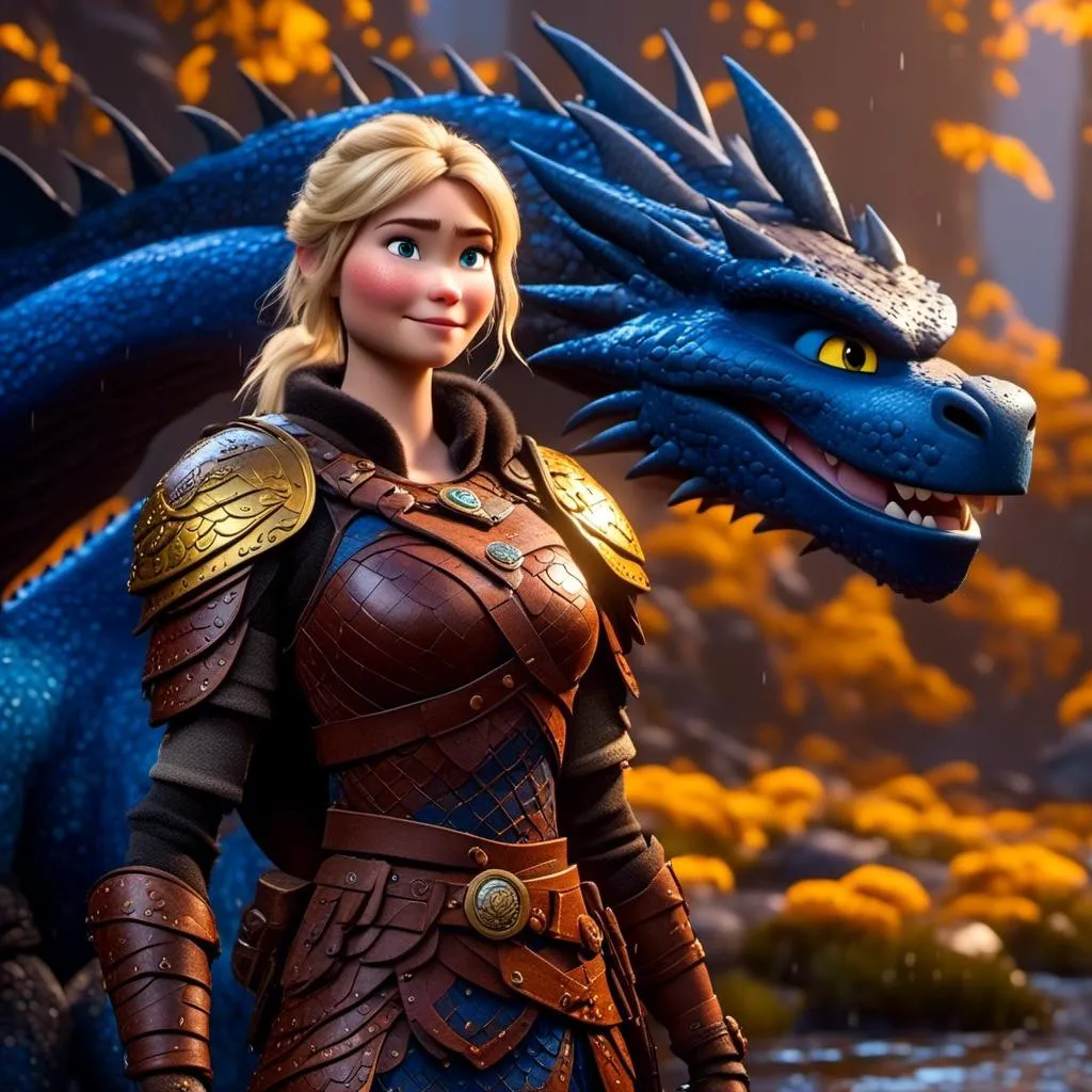 Prompt: <mymodel>CGi Animation, 20-year-old viking woman with blue eyes, a rainy scene, she is standing next to a bright blue dragon with gold highlights, they are both in the rain, the viking woman has a subtle smile, blonde hair, she has blue gear, gold armor, black pants, black boots, unreal engine 8k octane, 3d lighting, full body, full armor