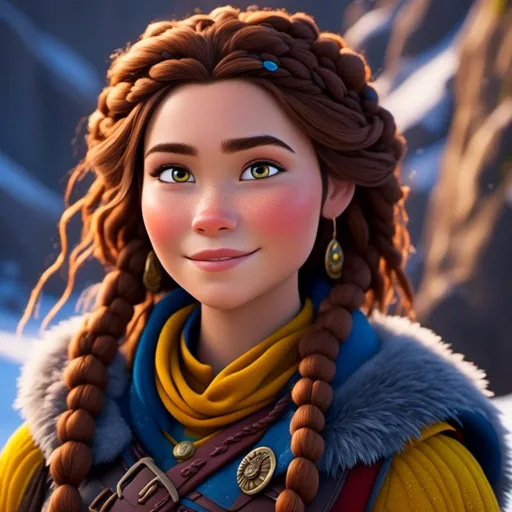 Prompt: <mymodel>CGI Animation, close-up portrait of the face, 20-year-old-old pirate woman sitting on a snow bank, a snowy scene, {{yellow gear, blue armor}}, brunette hair, dreadlocks with a faded buzz cut on the side of the head, subtle smile, beads hair, small red earrings, multiple braids, yellow gear, straight hair, green eyes, bracelets, rings on fingers, mercenary gear, unreal engine 8k octane, 3d lighting, close up camera shot on the face, full armor