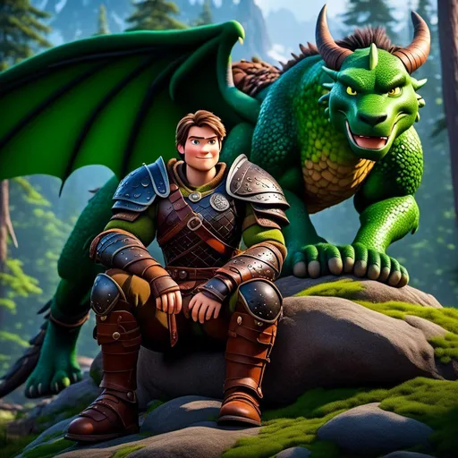 Prompt: <mymodel>Male viking warrior, thin and light muscle build, sitting on a boulder in the forest, there is a large green dragon next to him, short brown hair, green eyes, green armor, brown gear, brown pants, brown boots, historical, strong and natural lighting