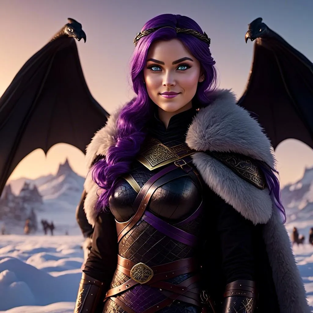 Prompt: Photo of <mymodel> standing next to her ((black)) razorwhip dragon from How to Train Your Dragon in the snow, she has light blue eyes, she is wearing a fur hood over her head, she is wearing a fur cape