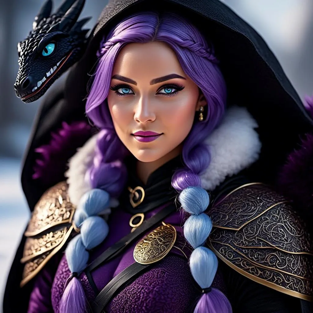 Prompt: Photo of <mymodel> standing next to her ((black)) razorwhip dragon from How to Train Your Dragon in the snow, she has light blue eyes, she is wearing a fur hood over her head, she is wearing a fur cape