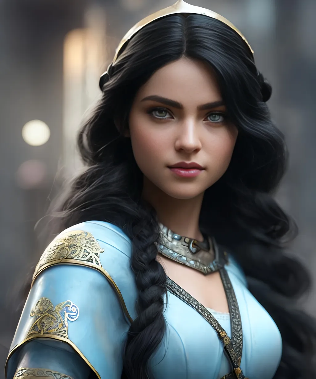 Prompt: she has black hair, create most beautiful fictional female viking princess warrior, black hair, light blue eyes, extremely detailed environment, detailed background, intricate, detailed skin, professionally color graded, photorealism, 8k, moody lighting