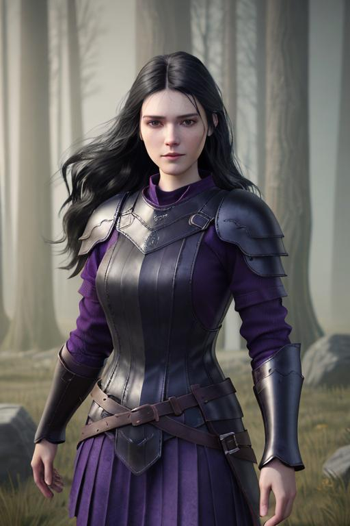 Prompt: Digital Art, 25-year-old viking woman, subtle smile, black straight hair, dark purple eyes, a dark purple long-sleeve shirt, textured skirt down to knees, dark purple pants, dark purple armor, long black hair with volume, middle part in hair, leather boots, dark purple gear, unreal engine 64k octane, hdr, 3d lighting, full body, full armor