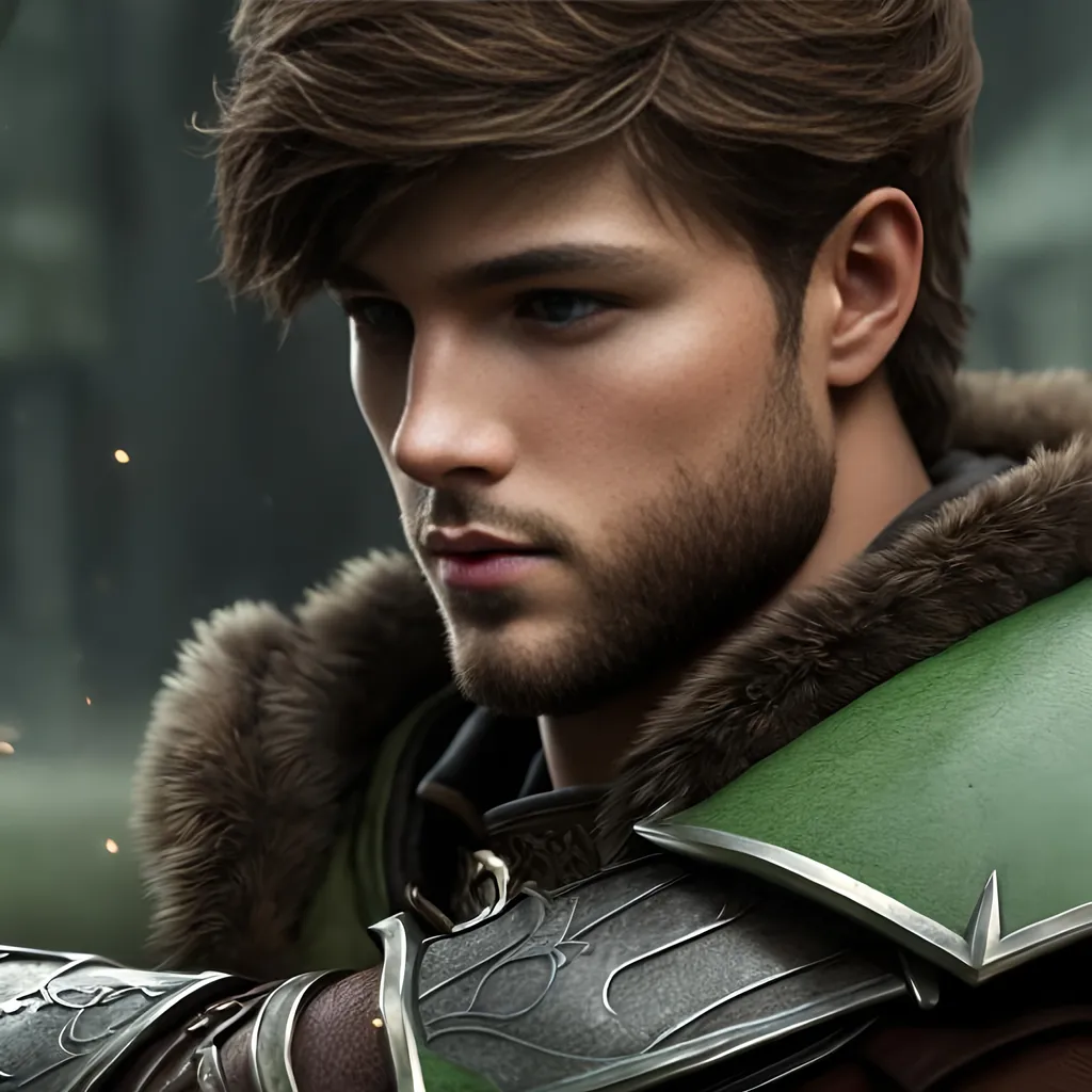 Prompt: he has short brown hair, create most handsome fictional male prince viking warrior, short brown hair, light green eyes, extremely detailed environment, detailed background, intricate, detailed skin, professionally color graded, photorealism, 8k, moody lighting