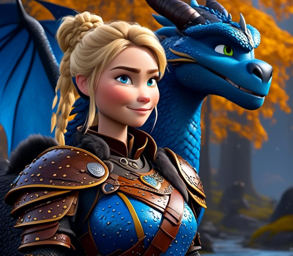 Prompt: <mymodel>CGi Animation, 20-year-old viking woman with blue eyes, a rainy scene, she is standing next to a bright blue dragon with gold highlights, they are both in the rain, the viking woman has a subtle smile, blonde hair in a ponytail style, she has blue gear, gold armor, black pants, black boots