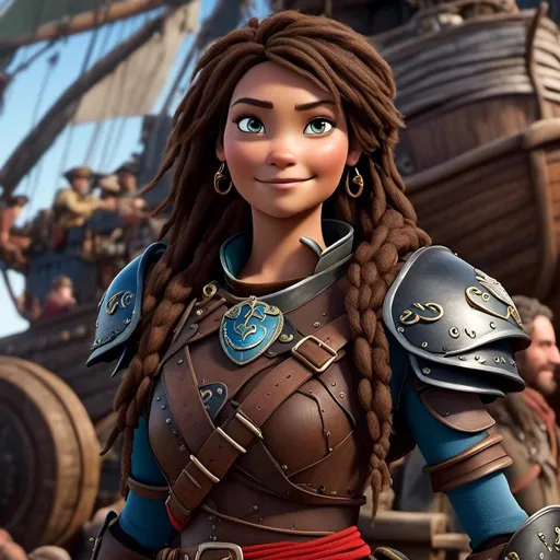 Prompt: <mymodel>CGI Animation, 20-year-old-old pirate woman, head is in rhe shape of an oval, {{brown gear, silver armor}}, brunette hair, dreadlocks, subtle smile, beads hair, small red earrings, multiple braids, straight hair, blue eyes, bracelets, rings on fingers, mercenary gear, unreal engine 8k octane, 3d lighting, full body, full armor