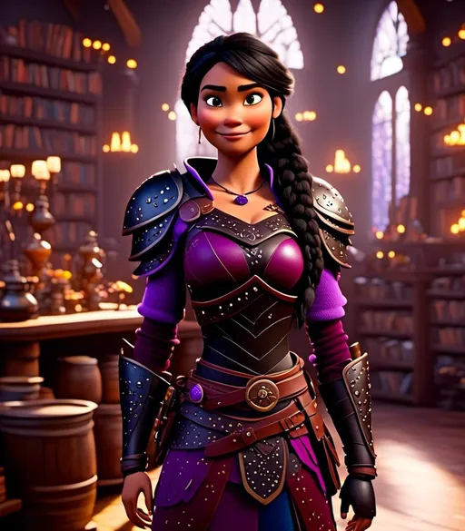 Prompt: <mymodel>CGI Animation, digital art, 20-year-old-old viking woman with light blue eyes, she is standing in her library, she is of royalty, {{black gear, purple armor}}, black hair with purple strands, single braid down her shoulder with a tiara, subtle smile, unreal engine 8k octane, 3d lighting, close up camera shot on the face, full armor