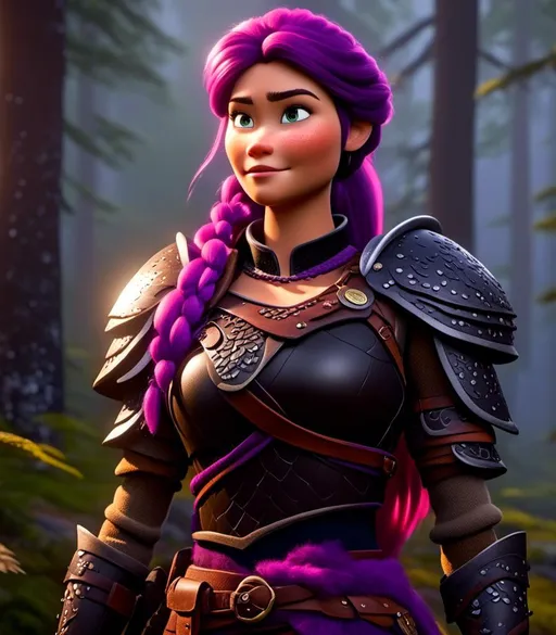 Prompt: <mymodel>CGI Animation, digital art, 20-year-old-old viking woman of royalty standing in a dimly lit forest with fog, light blue eyes, {{black gear, purple armor}}, purple hair, single braid down her shoulder with a tiara, subtle smile, unreal engine 8k octane, 3d lighting, close up camera shot on the face, full armor