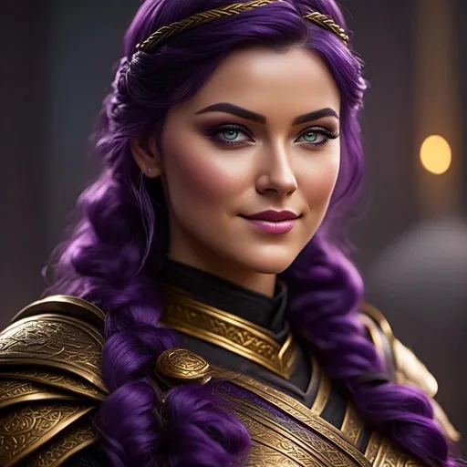 Prompt: create <mymodel> with vibrant colors, subtle smile, 23-year-old woman viking, dark purple hair, one braid, black pants, light blue eyes, cut over left eye to on cheekbone, black gear, gold armor, unreal engine 8k octane, 3d lighting, full body, full armor