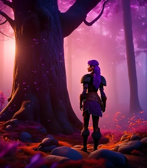 Prompt: <mymodel>CGI Animation, digital art, 20-year-old-old viking woman of royalty standing at night next to a tree with her hands resting on the bark, she is in a dimly lit thick forest with trees everywhere, dense fog, light blue eyes, {{black gear, purple armor}}, purple hair, single braid down her shoulder with a tiara, subtle smile, unreal engine 8k octane, 3d lighting, close up camera shot on the face, full armor