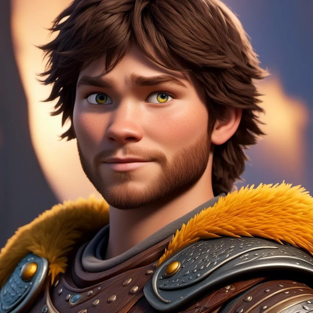 Prompt: <mymodel>Animated CGI style of a fierce 24-year-old Caucasian Viking with dark hair, light body build, intense gaze, realistic (yellow light armor) with highlights of orange textures, high quality, CGI, realistic, intense gaze, viking, male, Caucasian, detailed facial features, highres, professional, intense lighting