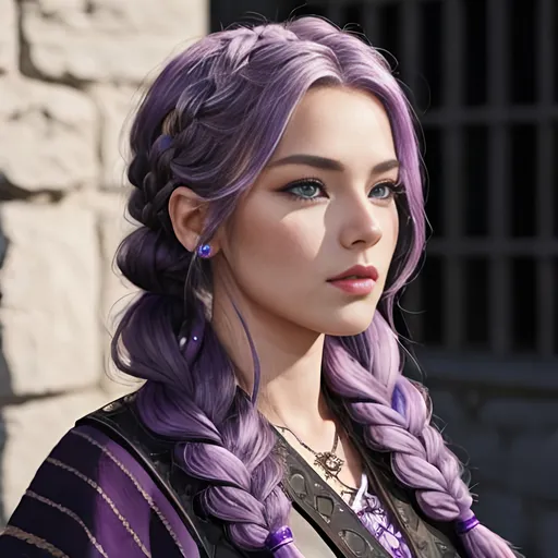 Prompt: a photo of <mymodel>, a viking female, purple hair in a single braid, age of 25-years-old