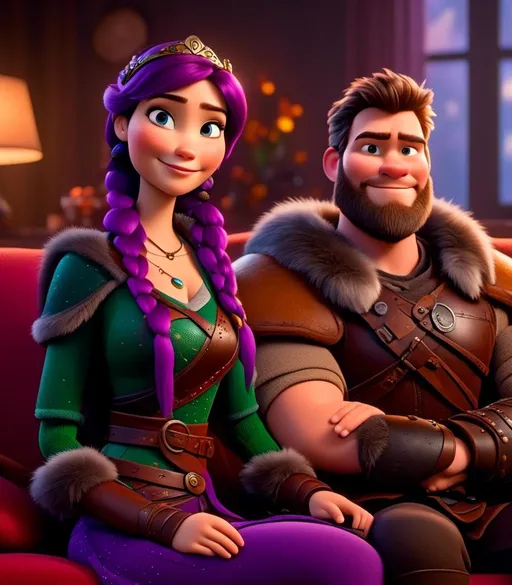 Prompt: <mymodel>CGI Animation, digital art, 20-year-old-old viking woman with light blue eyes, sitting on the couch in the living room next to her husband with brown hair and green gear, purple hair with purple strands, single braid down her shoulder with a tiara, subtle smile, unreal engine 8k octane, 3d lighting, close up camera shot on the face, full armor