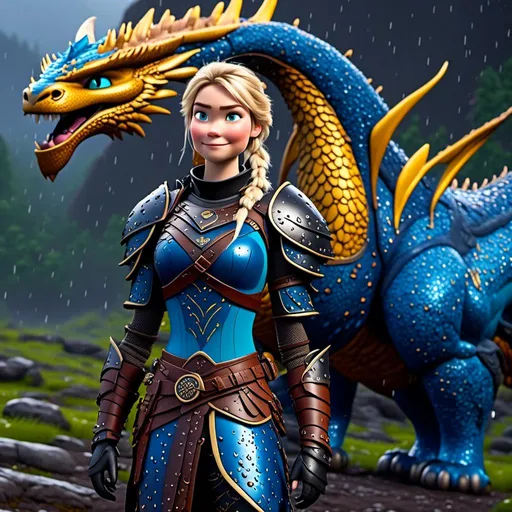 Prompt: <mymodel>CGi Animation, 20-year-old viking woman with blue eyes, a rainy scene, she is standing next to a bright blue dragon with gold highlights, they are both in the rain, the viking woman has a subtle smile, blonde hair in a ponytail style, she has blue gear, gold armor, black pants, black boots