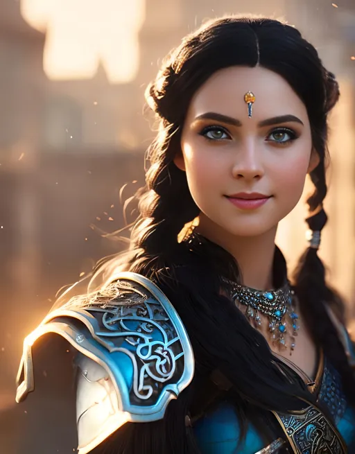 Prompt: she has black hair, create most beautiful fictional female princess viking warrior, hopeful smile, black hair, light blue eyes, extremely detailed environment, detailed background, intricate, detailed skin, professionally color graded, photorealism, 8k, moody lighting