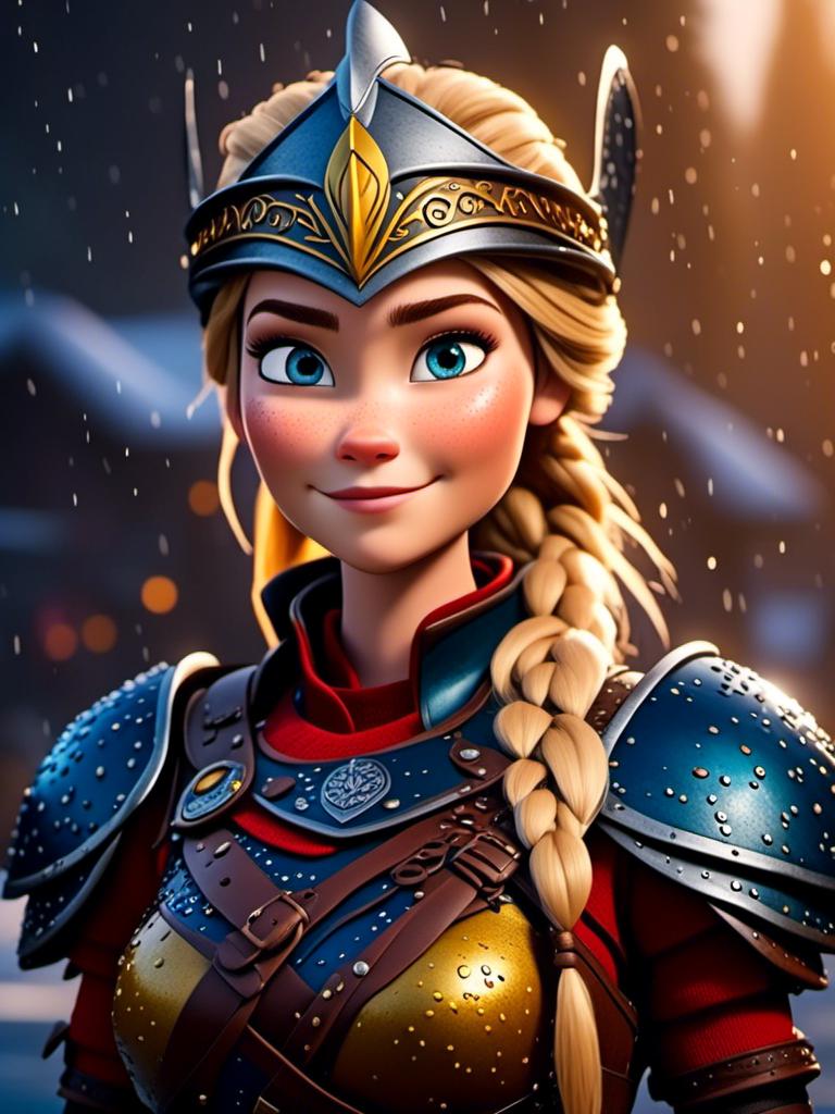 Prompt: <mymodel>CGi Animation, 20-year-old viking woman with blue eyes, ((she is wearing a royal helmet)), a rainy scene, the viking woman has a subtle smile with it pouring down rain, blonde hair in a ponytail style, she has blue gear, gold armor, black pants, black boots