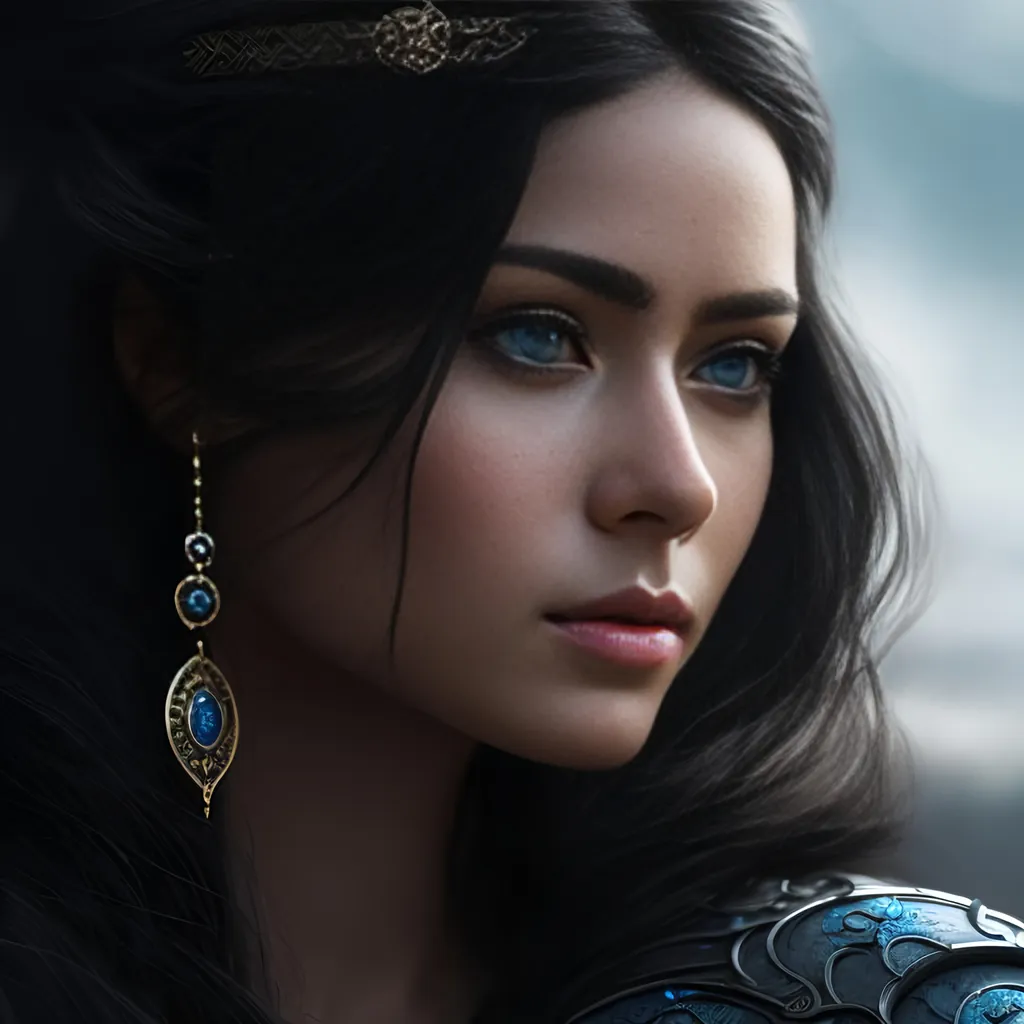 Prompt: she has black hair, create most beautiful fictional female viking princess warrior, black hair, light blue eyes, extremely detailed environment, detailed background, intricate, detailed skin, professionally color graded, photorealism, 8k, moody lighting