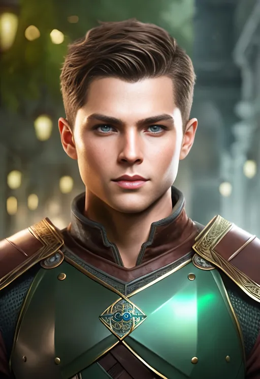 Prompt: he has short brown hair, create most handsome fit fictional male prince viking warrior, short brown hair, light green eyes, extremely detailed environment, detailed background, intricate, detailed skin, professionally color graded, photorealism, 16k, moody lighting