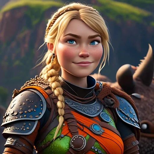 Prompt: <mymodel>CGI Animation of female viking, blonde hair with a single braid laying down her back, blue eyes, bright orange and green armor, yellow highlights dor gear and textures, full light body armor, standing in a viking village, intricate details, high quality, digital painting, cool tones, dramatic lighting