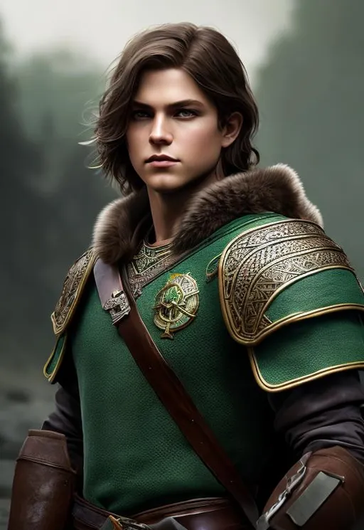 Prompt: he has short brown hair, create most handsome fictional male prince viking warrior, short brown hair, light green eyes, extremely detailed environment, detailed background, intricate, detailed skin, professionally color graded, photorealism, 8k, moody lighting