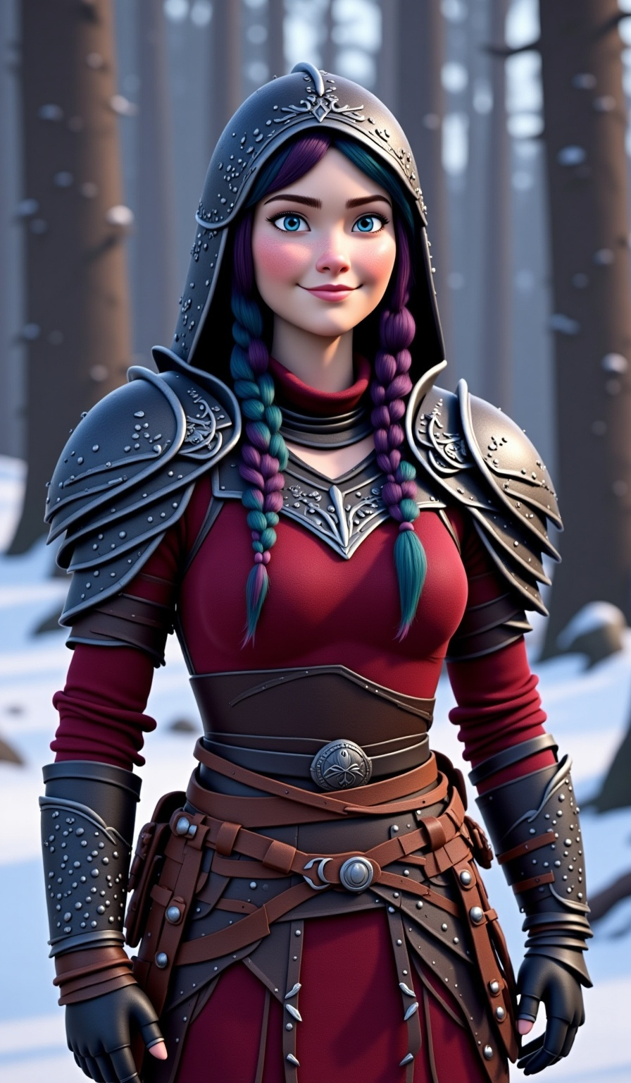 Prompt: <mymodel>CGI Animation, digital art, 20-year-old-old viking woman with violet eyes, Dark red Long sleeve shirt, skirt with dragon teeth on it, wears the snow wraith hood, ((dark dark blue hair with teal, pink and purple streaks)), standing snowy forest, subtle smile, unreal engine 8k octane, 3d lighting, close up camera shot on the face, full armor