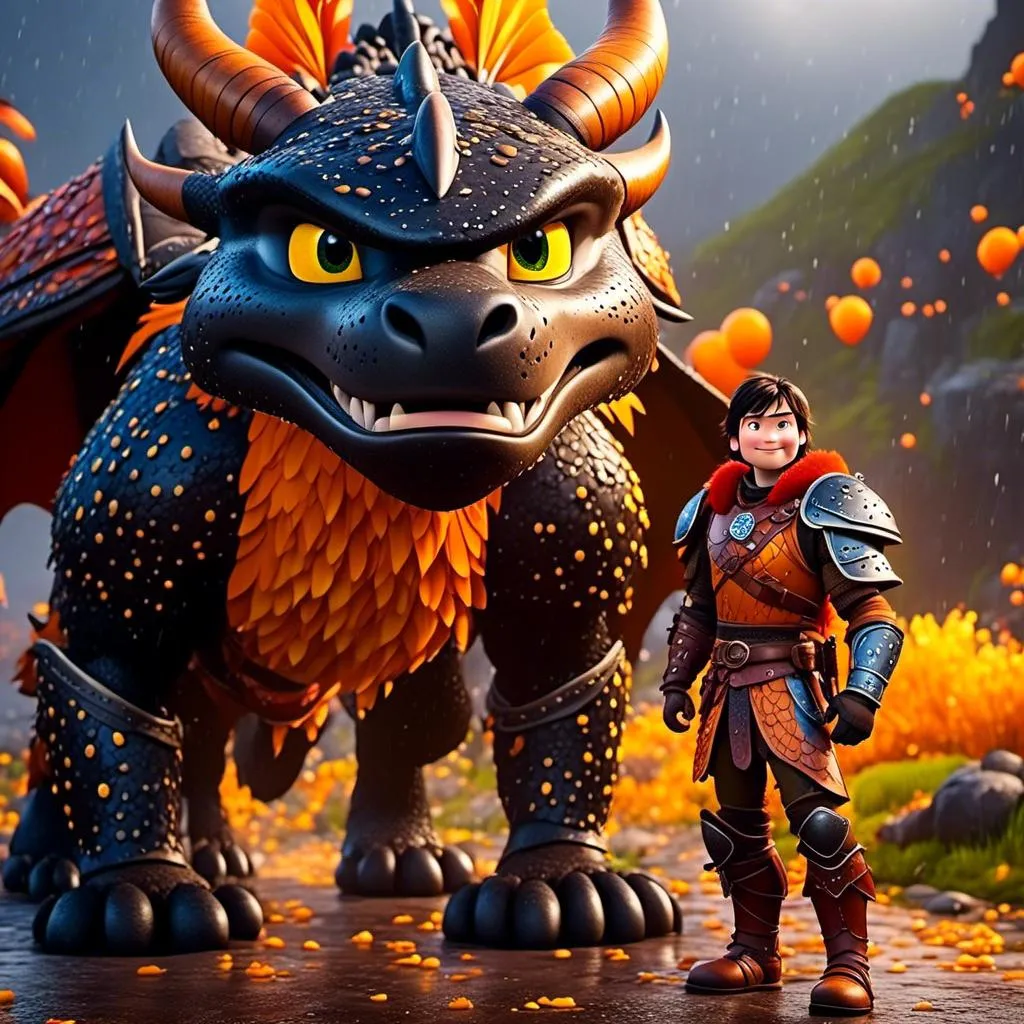 Prompt: <mymodel>CGi Animation, 20-year-old viking man with blue eyes, a rainy scene, the viking man has a subtle smile, black hair, he has orange gear, yellow armor with bursts of red splotches, black pants, black boots, he is standing next to a bright orange dragon with gold highlights, they are both in the rain