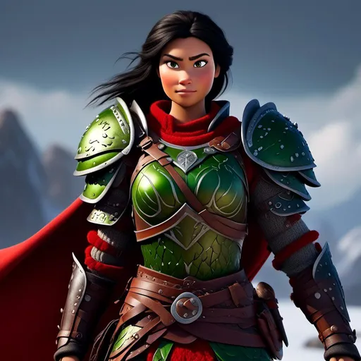 Prompt: <mymodel>Animated CGI style of a fierce Viking female about 25 years old, black hair, detailed facial features, leather armor {{((red))}} and green armor, battle axe and shield, intense and determined expression, dynamic and powerful pose, high definition, CGI, detailed armor, fierce female, Nordic designs, battle-ready, dynamic pose, professional lighting