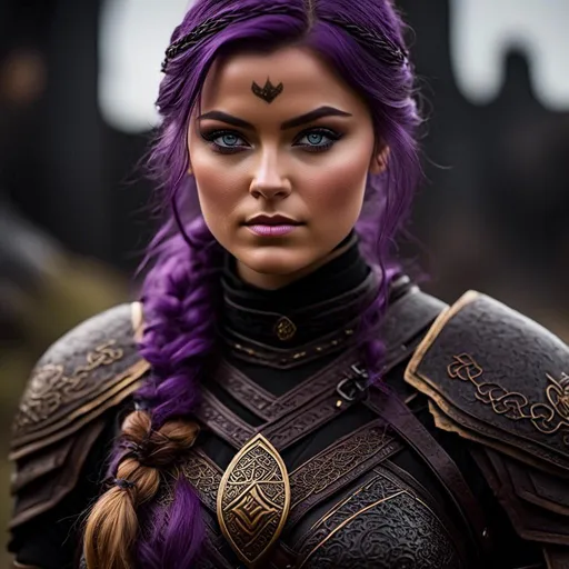 Prompt: <mymodel>25-year-old viking woman, messy and dirty hair, single braid of hair down her shoulder, she has an angry and intense expression, light blue eyes, dirty armor, black gear, bright black armor, black textures and highlights, standing in a dimly lit viking building, with glowing algae, short focus, blurry background, unreal engine 8k octane, 3d lighting, full body, full armor