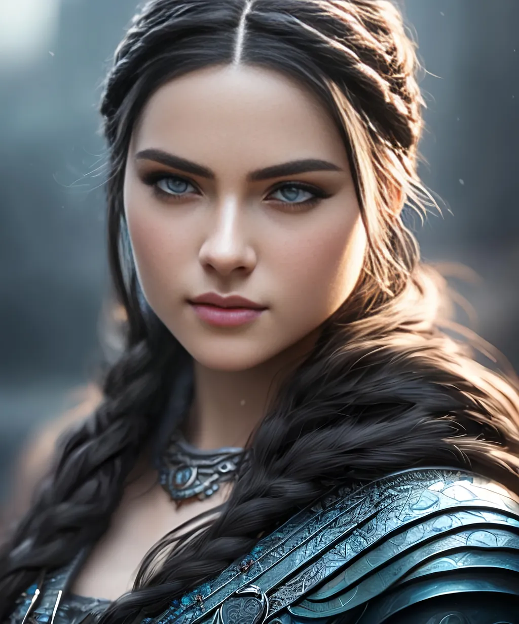 Prompt: she has black hair, create most beautiful fictional female viking princess warrior, black hair, light blue eyes, extremely detailed environment, detailed background, intricate, detailed skin, professionally color graded, photorealism, 8k, moody lighting