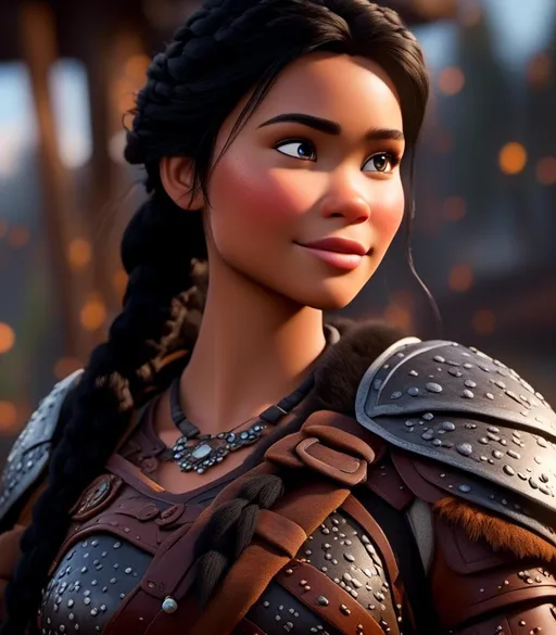 Prompt: <mymodel>CGI Animation, digital art, 20-year-old-old viking woman with light blue eyes, light clothes, black hair with black strands, single braid down her shoulder with a tiara, subtle smile, unreal engine 8k octane, 3d lighting, close up camera shot on the face, full armor