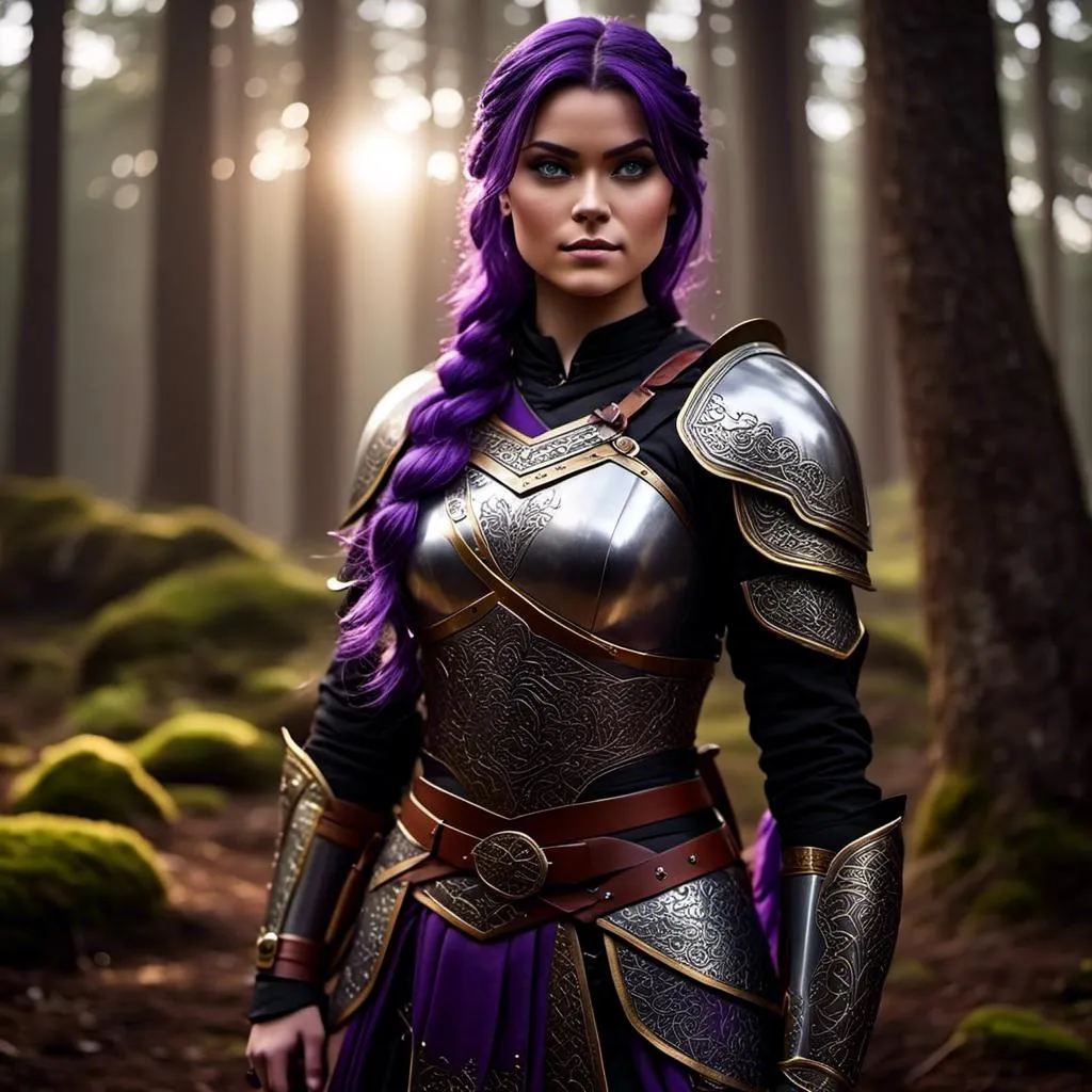 Prompt: Photo of <mymodel> with an intense look with her sword, she is standing in the forest