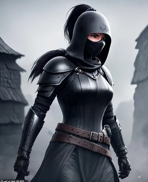 Prompt: Digital Art, a sinister viking woman, black armor, black gear, a black helmet fully covering her face, no face, no eyes, with a black ponytail coming from the helmet, a long black cloak, black bracers, black pants, black boots, unreal engine 8k octane, 3d lightning