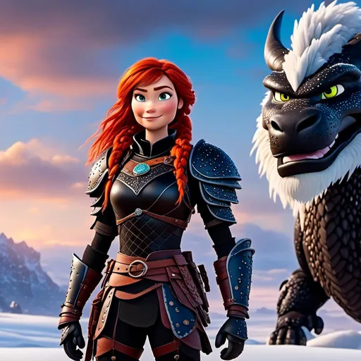 Prompt: <mymodel>CGI animation, 40-year-old woman, red hair, dreadlocks, braids, light blue eyes, black gear, black armor, standing on a snowy plain with her white dragon