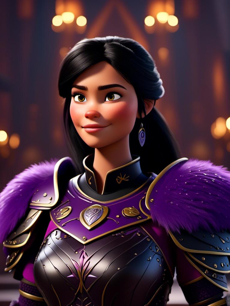 Prompt: <mymodel>CGI Animation, digital art, 20-year-old-old viking woman of royalty standing in The Great Hall on the Isle of Berk, {{purple gear, black armor}}, black hair, straight hair with a tiara, subtle smile, unreal engine 8k octane, 3d lighting, close up camera shot on the face, full armor