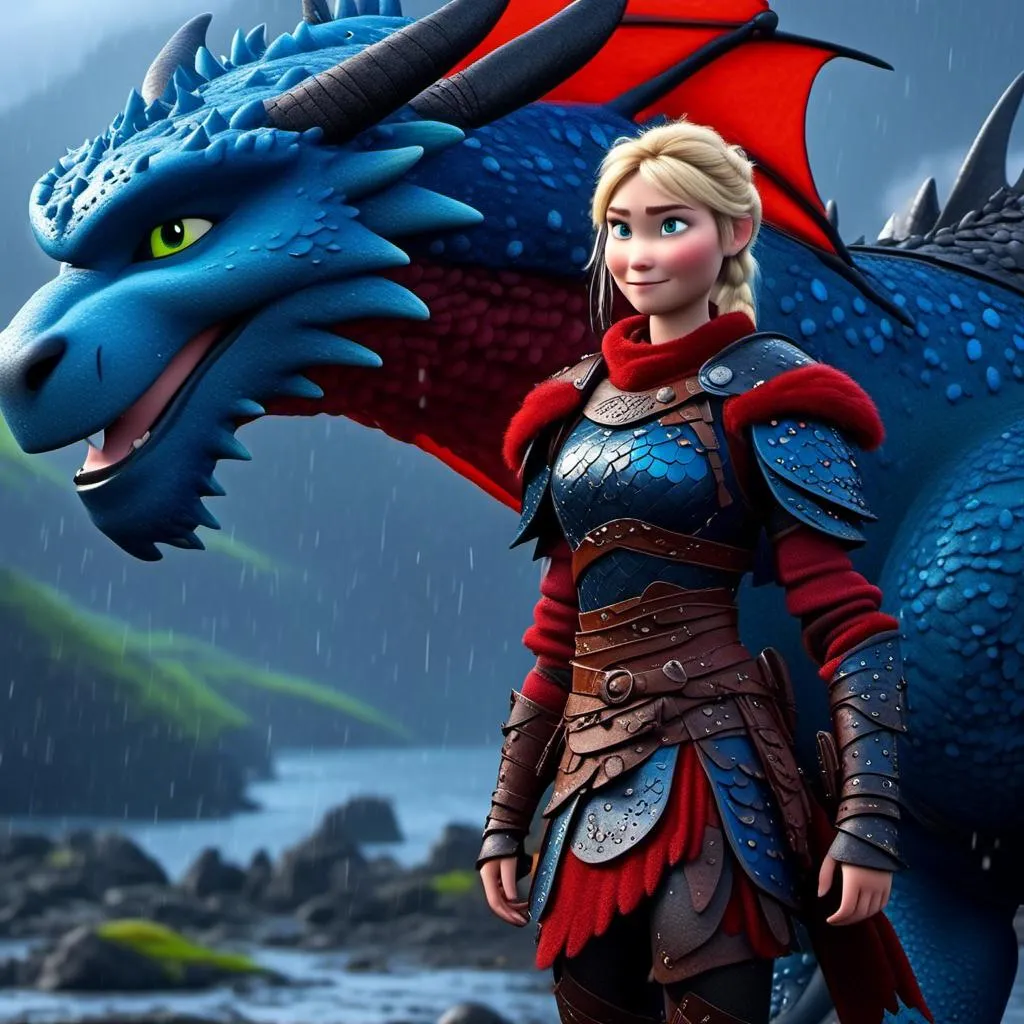 Prompt: <mymodel>CGi Animation, 20-year-old viking woman with blue eyes, a rainy scene, she is standing next to a bright blue dragon with red highlights, they are both in the rain, the viking woman has a subtle smile, blonde hair in a ponytail style, she has blue gear, red armor, black pants, black boots