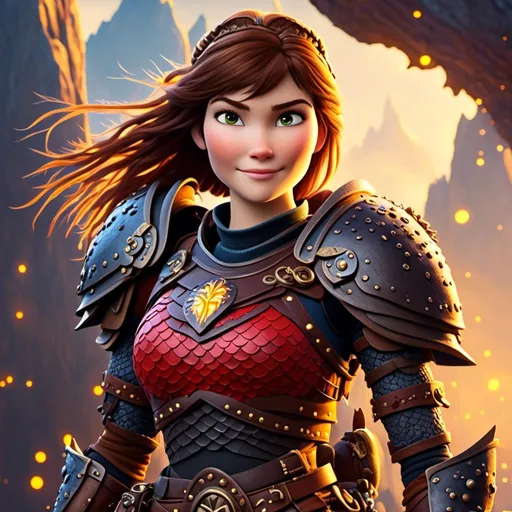 Prompt: <mymodel>CGI Animation of a viking female, brown hair, hazel eyes, bright red gear and armor, yellow highlights and textures, intricate details, high quality, digital painting, cool tones, dramatic lighting