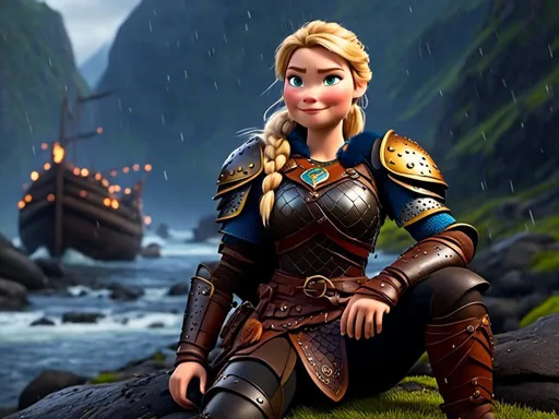 Prompt: <mymodel>CGi Animation, 20-year-old viking woman with blue eyes, a rainy scene, she is sitting in the rain, the viking woman has a subtle smile, blonde hair in a ponytail style, she has blue gear, gold armor, black pants, black boots