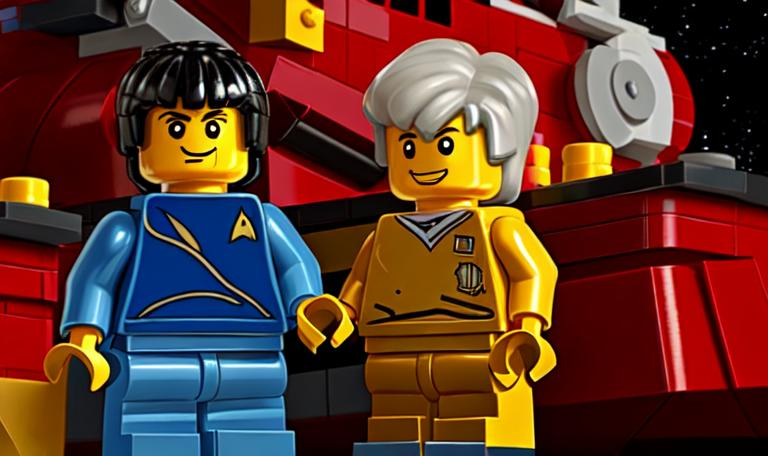 Prompt: Lego Captain Kirk from Lego Star Trek on the Engineering deck of the Lego Enterprise along with Lego Spock and Lego Scotty