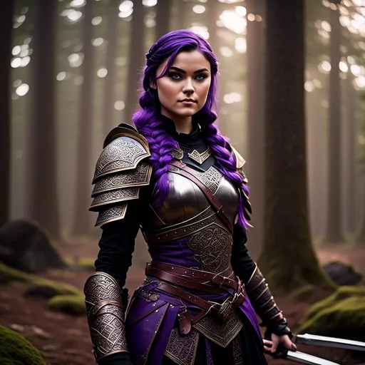 Prompt: A photo of <mymodel> standing in a forest with her sword drawn ready for a fight